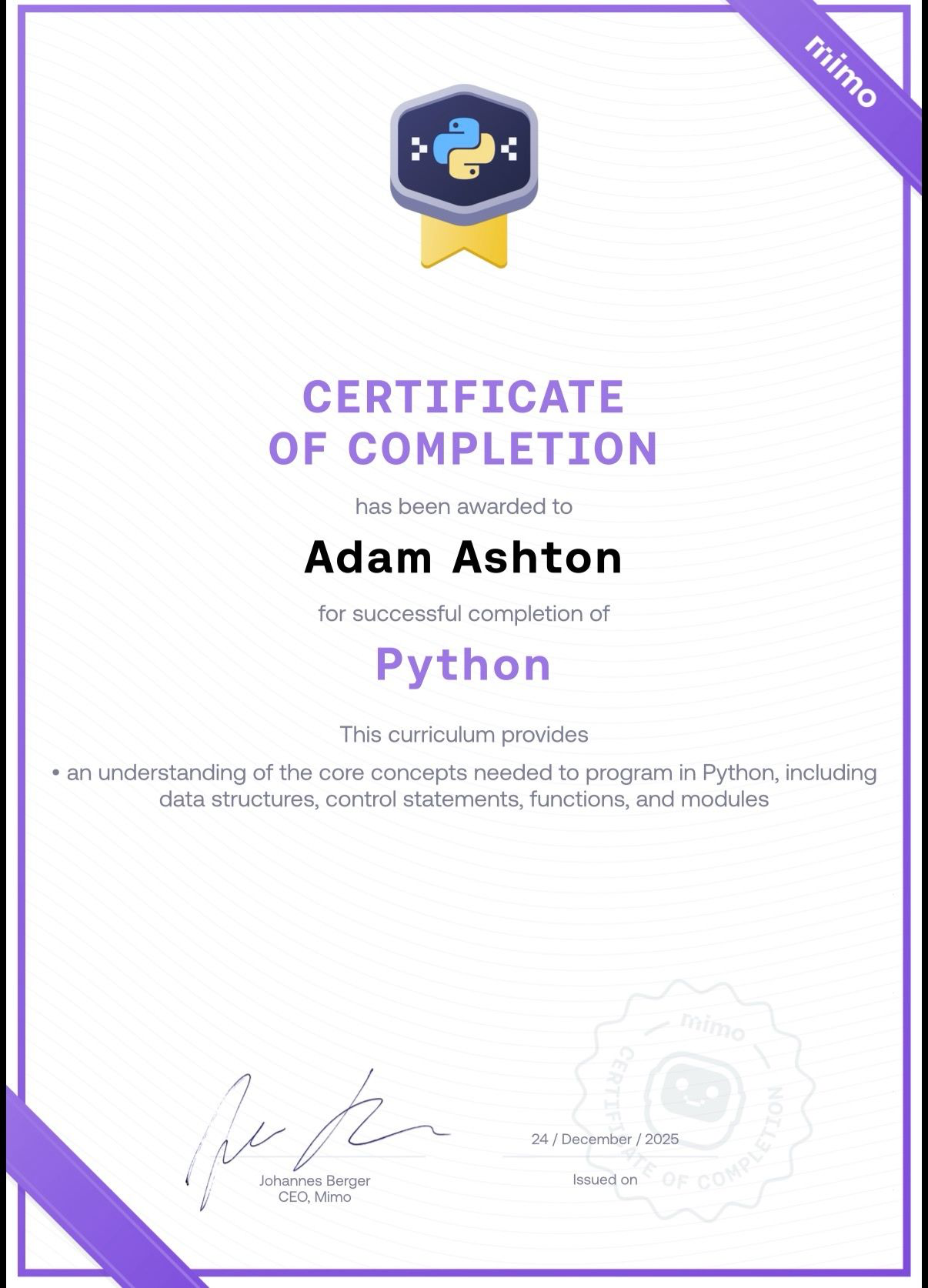 Memo Python certificate